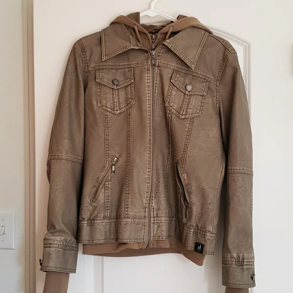 Made By Johnny MBJ • Womens Khaki Leather Motorcycle Jacket with Hoodie • Size S - Picture 5 of 5